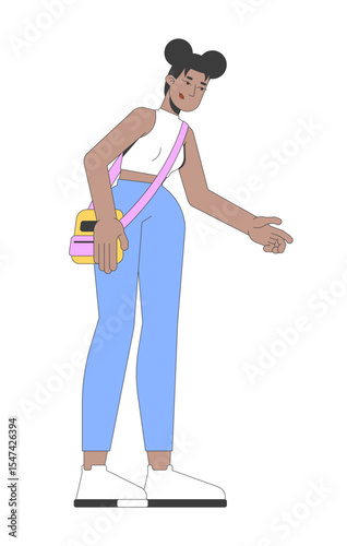 Modern black woman with crossbody bag reaching out 2D cartoon character. African american girl leaning forward in casual fashion flat vector person isolated on white. Spot illustration colorful