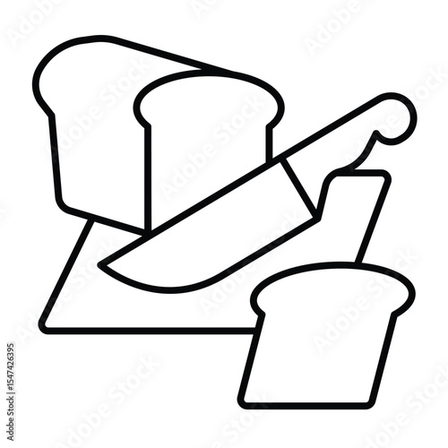 Sliced bread with knife on wooden board thin line icon, culinary cooking concept. Vector graphics. Bread loaf slice, bakery sign on white background, style mobile or design.