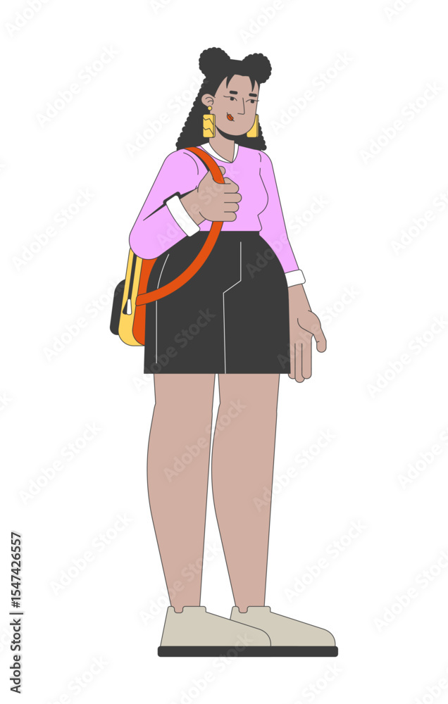 Fototapeta premium Streetwear latin american curvy woman carrying backpack 2D cartoon character. Plus size hispanic girl student with rucksack flat vector person isolated on white. Spot illustration colorful