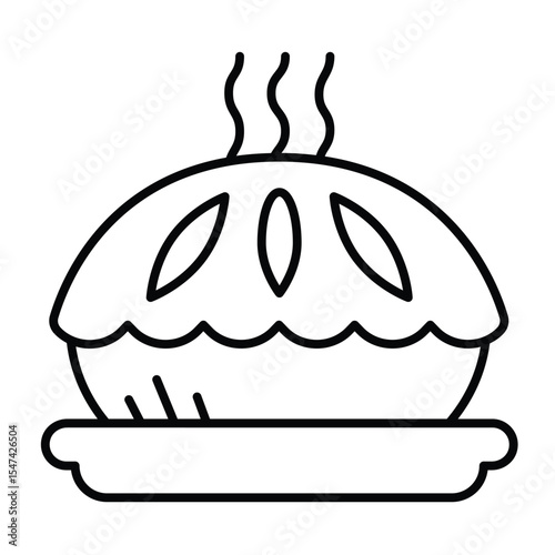 Apple pie on plate thin line icon, culinary cooking concept. Vector graphics. Hot pie with jam, bakery sign on white background, style mobile or design.