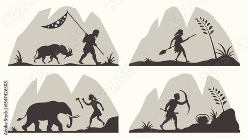 Prehistoric Caveman and Cavewoman Silhouette Set Hunting Gathering Animals with Primitive Tools in Ancient Mountain Scenes Vector Illustration