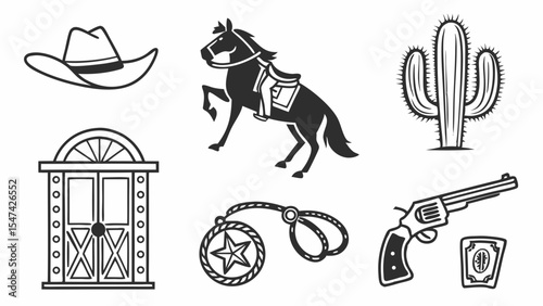 Black and white vintage style Western cowboy icons set with hat, horse, cactus, saloon doors, sheriff badge, lasso, revolver, and playing cards. Wild West vector art.