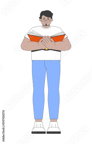 Eyeglasses arab man intently reading open book 2D cartoon character. Standing glasses guy holding novel with concentrated expression flat vector person isolated on white. Spot illustration colorful