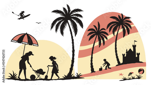Family beach vacation silhouettes with palm trees, sandcastles, and paddleboarding. A serene summer holiday scene in a two-tone minimalist style.