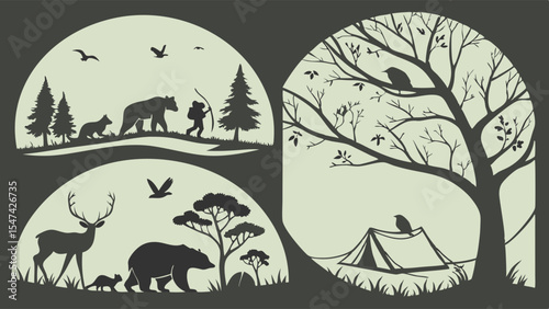 Detailed Nature Wildlife Silhouette Vector Art Set with Forest Animals Bears Deer Hunter Camping Tent and Trees for Outdoor Adventure Designs