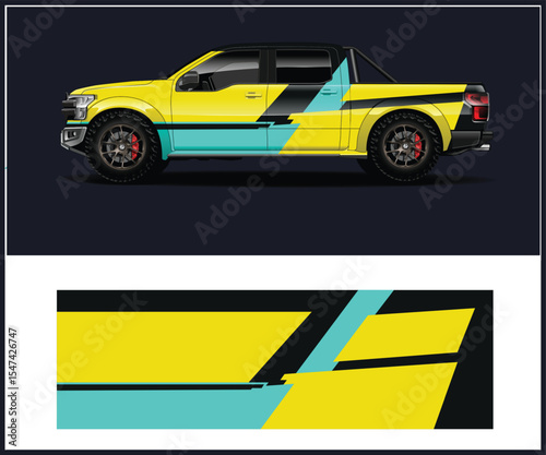 Yellow Truck with Black and Teal Graphics and a Matching Vinyl Wrap Design