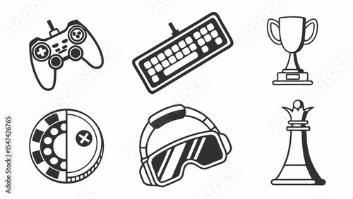 Black and white vector icons of gaming and entertainment elements. Includes game controller, keyboard, trophy, casino chip, VR headset, and chess queen.