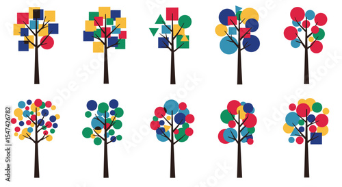 Stylized Geometric Tree Illustrations Collection Isolated On White Background