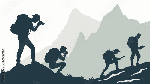 Monochrome silhouettes of four hikers with backpacks exploring rugged mountain peaks, two taking photos, one navigating with a map, representing outdoor adventure travel.