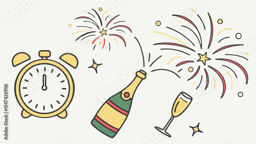 Simple line art illustration of a festive New Year's Eve celebration with a clock striking midnight, popping champagne, a flute, and colorful fireworks.