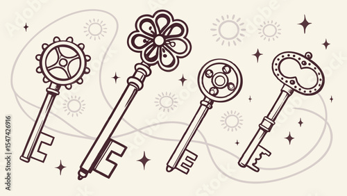 Hand-drawn vintage illustration of four unique ornate antique keys. Sepia-toned decorative skeleton key collection with magical sunbursts, sparkles, and wavy lines.