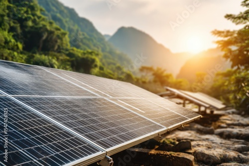 Close-up of solar panels array with warm sunset light in lush green mountain landscape, harnessing clean energy and sustainable technology for a greener future.
