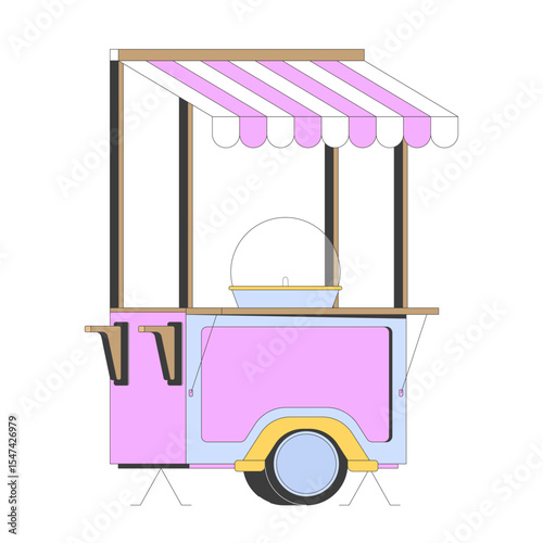 Cotton candy cart with striped canopy 2D cartoon object. Festive and street fair theme. Mobile stand. Dessert stall. Treat station isolated element flat vector clip art on white. Spot illustration