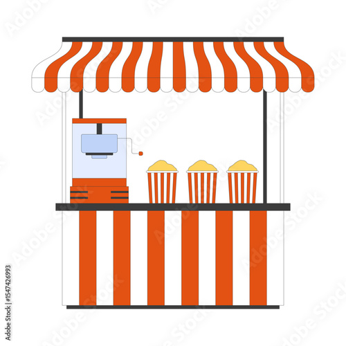 Popcorn stall with striped canopy and machine 2D cartoon object. Food festival vendor kiosk. Snack counter with popcorn buckets isolated element flat vector clip art on white. Spot illustration
