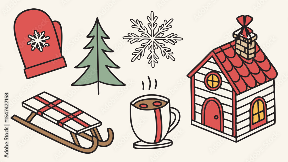 Fototapeta premium Cozy hand-drawn winter holiday collection with Christmas tree, snowflake, warm mitten, sled, hot chocolate mug, and festive cabin house.