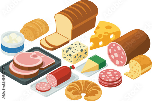 Assorted Delicious Food Items Bread Cheese Meat Dairy