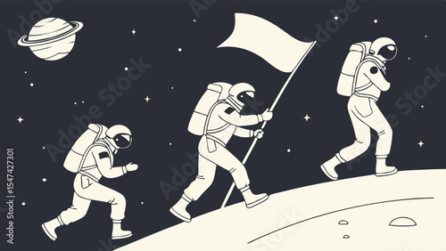 Flat design illustration of three astronauts on a space exploration mission, climbing a lunar surface hill under a starry sky with a planet, one leading with a white flag, symbolizing progress.