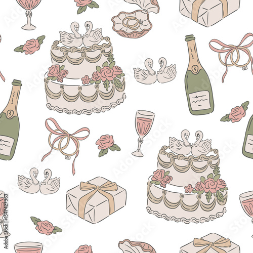Wedding occasion hand drawn style illustration seamless pattern of cake swan and wine