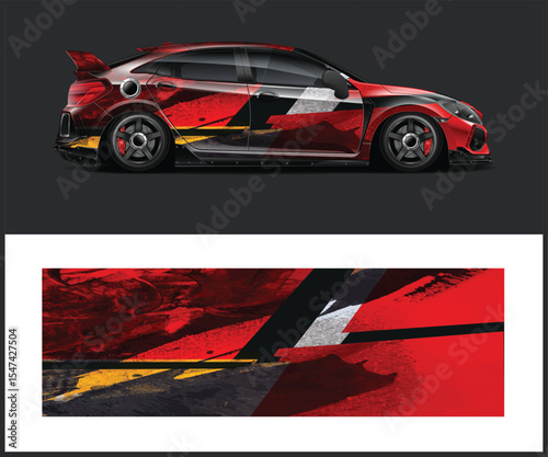 Red Modern Car with Abstract Graphic Wrap Design on Dark Background