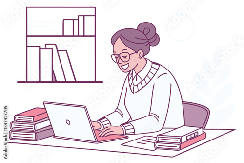 Professor Working on Laptop: Academic Research, Education Illustration, Librarian, Scholar, Online Learning