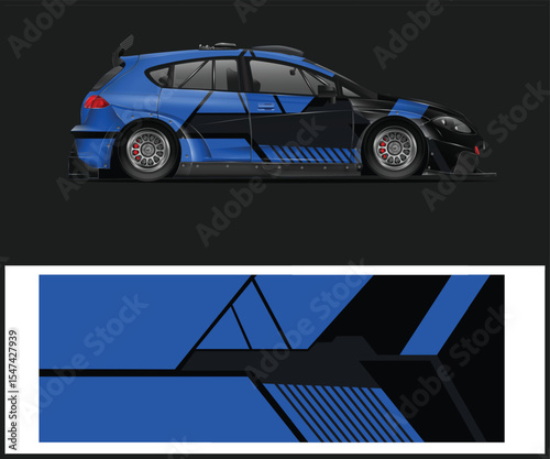 Blue and Black Rally Car with Matching Graphic Design Template
