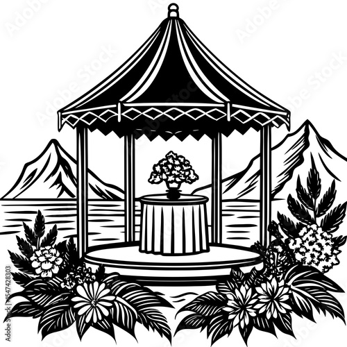 Gazebo with flowers and mountains isolated on white background