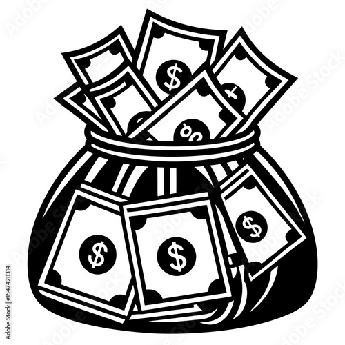 Money bag full of dollar bills isolated on white background