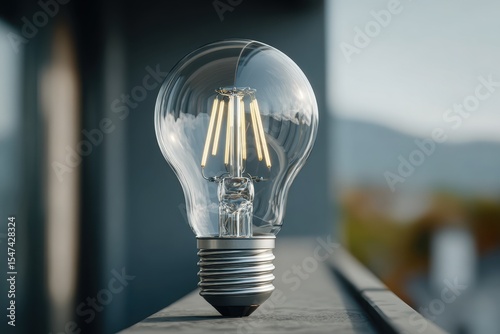 A clear, modern LED lightbulb with glowing filaments sits on a ledge with a blurred background, symbolizing innovation, energy efficiency, and bright ideas for the future.