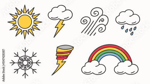 Colorful Hand Drawn Weather Icons Set Sun Cloud Lightning Wind Rain Snow Tornado Rainbow Vector Illustration Climate Forecast Symbols
