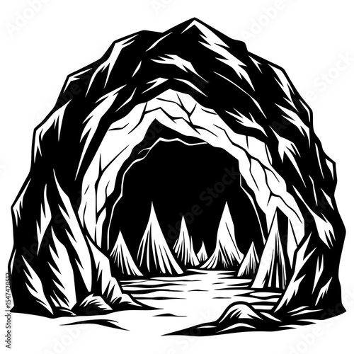 Cave entrance with rocks and stalagmites in black and white