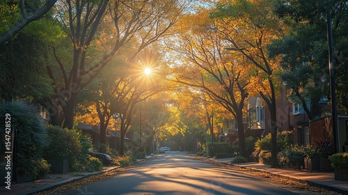 A street lined with trees in autumn with sunlight shining through the branches and leaves on the ground