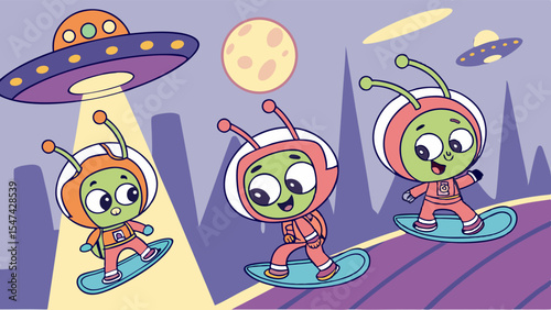 Cute cartoon green aliens in colorful space suits hoverboarding on a futuristic purple planet with UFOs, a moon, and city, a vibrant children's space adventure illustration.