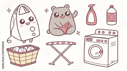 Kawaii Laundry Day Illustration with Cute Bear, Washing Machine, Ironing Board, Detergent, and Happy Laundry Bag in Pastel Hand-Drawn Style