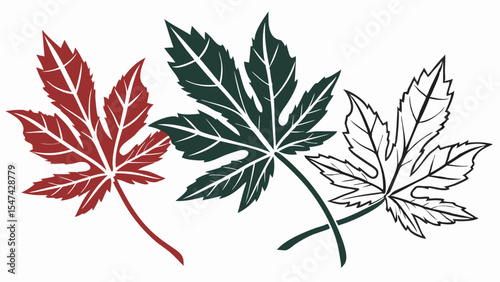 Three stylized castor bean leaves in rich autumn red, dark forest green, and elegant black outline art, arranged horizontally. Detailed botanical vector art illustration.