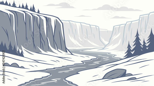 Cartoon Winter Canyon Landscape with Winding River, Snow-Covered Cliffs, and Pine Trees. Vector Art Illustration of a Cold Natural Environment.