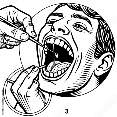 Open mouth examination with dental tools isolated on white background