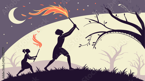 Silhouetted adult and child with glowing torches under a night sky and moon, representing guidance, hope, and passing the torch. Digital art.