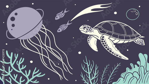 Whimsical Cosmic Ocean Illustration with a Saturn Jellyfish, Sea Turtle, Fish, and Coral. Surreal Marine Life Art on a Dark Starry Background.