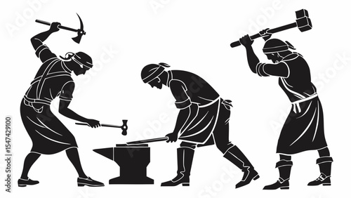 Dynamic Silhouette Vector Illustration of Three Ancient Blacksmiths Forging Metal. Strong Artisans Hammering on Anvil, Depicting Traditional Craftsmanship