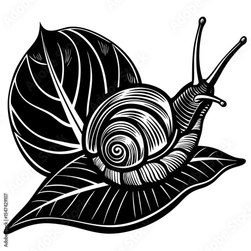Snail crawling on a leaf isolated on white background