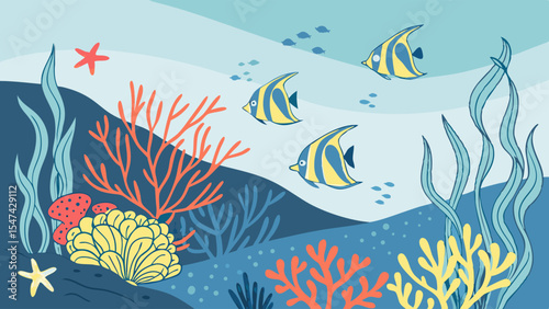 Flat design vibrant underwater coral reef illustration with colorful angelfish, diverse branching corals, and swaying seaweed. Beautiful marine ecosystem vector artwork.