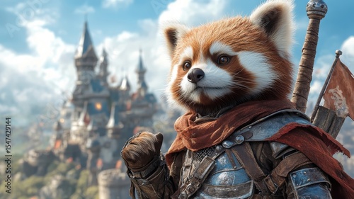 A red panda dressed as a medieval knight, with armor and a lance, standing proudly in front of a grand castle.