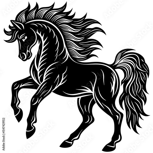 Black horse prancing isolated on white background