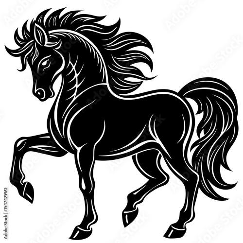 Black horse prancing isolated on white background