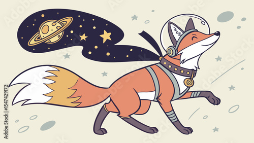 Whimsical cartoon astronaut fox with a space helmet and cosmic cape featuring stars and Saturn, happily exploring. Cute animal sci-fi adventure illustration.