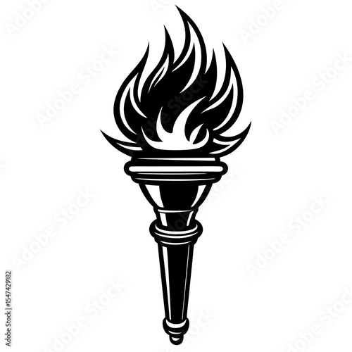 A black and white torch with a bright flame isolated on white background
