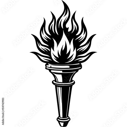 A black and white torch with a large flame isolated on white background