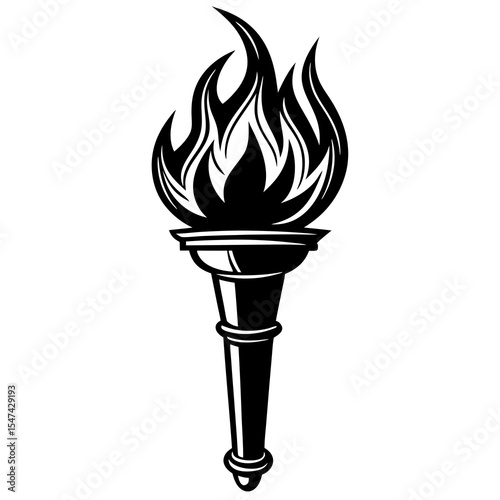 A black and white torch with a flame isolated on white background