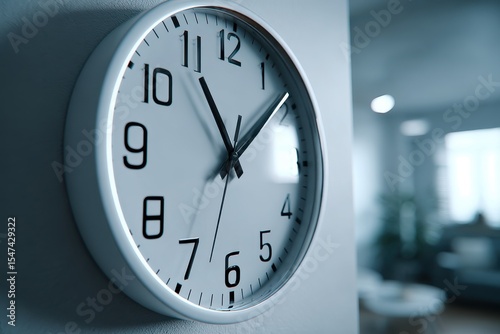 Wallpaper Mural A modern minimalist round wall clock with black hands and numerals, showing the time approximately eleven o'clock, mounted on a white wall, with a blurred room background. Torontodigital.ca