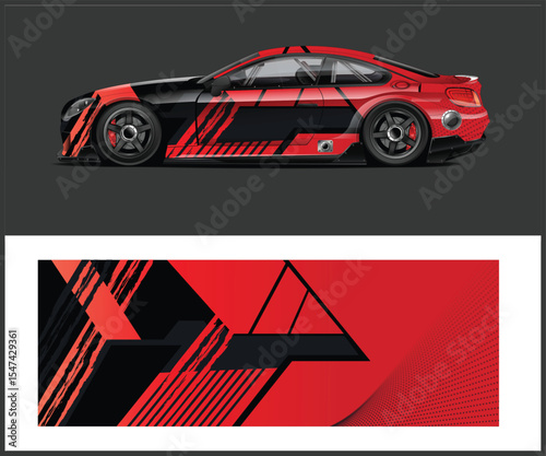 Sleek Sports Car with Bold Red and Black Racing Stripes Design